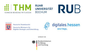 Logos von der Technischen Hochschule Mittelhessen, der Ruhr Universität Bochum, des Distrel Programms und des Bundesministeriums für Bildung und Forschung
